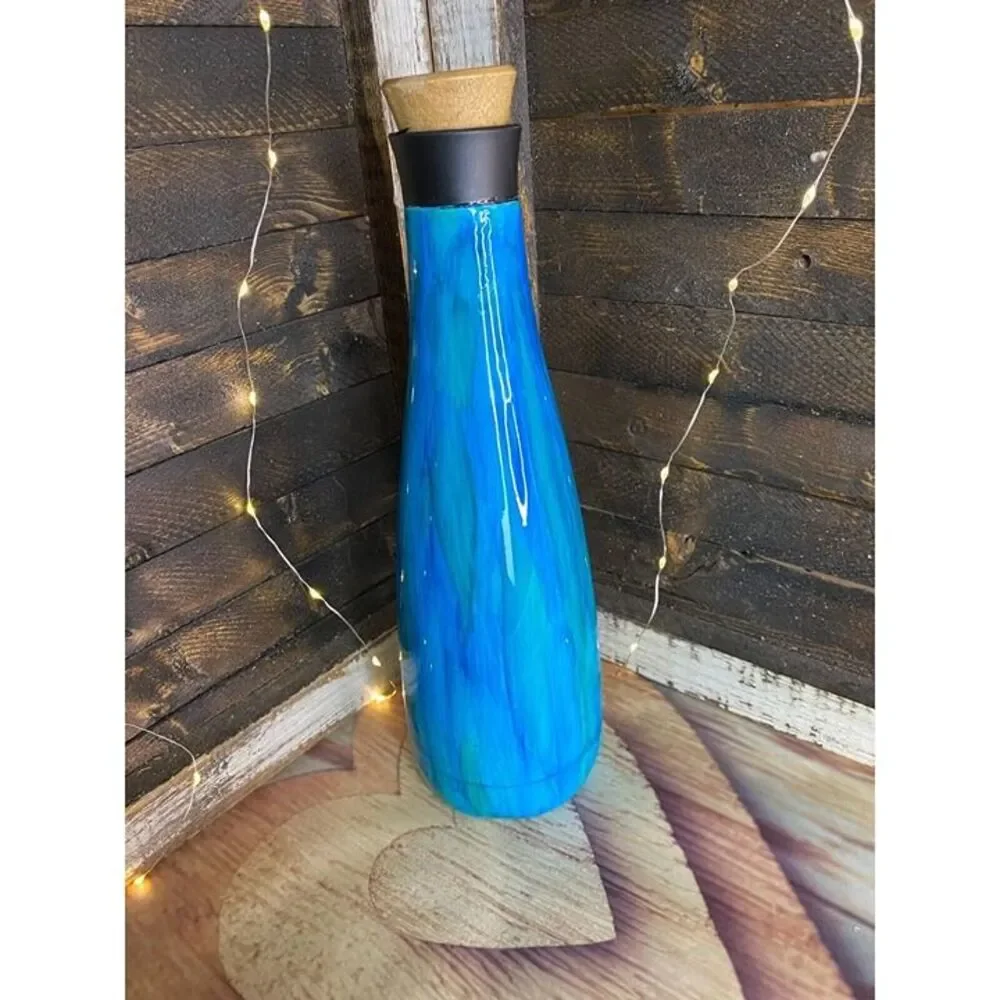 Large Upcycled Handmade Water Bottle Green Blue Woodgrain 11 in X 3in